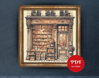Padrão de ponto cruz para livraria vintage, design de bordado aconchegante para biblioteca, gráfico de bordado para livraria, padrão de ponto cruz fácil em PDF, faça você mesmo