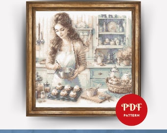 Girl Making Cakes Cross Stitch Pattern, Female Embroidery Design, Woman Needlepoint Chart, Cross Stitch PDF Pattern, punto de cruz, DIY