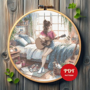 Girl Playing Guitar Cross Stitch Pattern, Female Embroidery Design, Woman Needlepoint Chart, Music Cross Stitch PDF Pattern,Instant, DIY