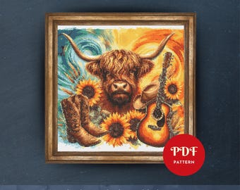 Highland Cow Cross Stitch Pattern, Country Western Embroidery Design, Needlepoint Chart, Easy Cross Stitch PDF Pattern, Instant Download,DIY