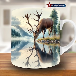 3D Deer in Forest and Lake Reflection Mug Wrap, 11oz & 15oz Mug Template, Mug Sublimation Design, Mug Wrap Template, Digital Download PNG