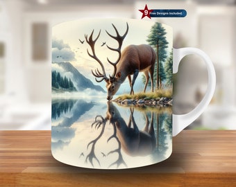 Envoltura para taza con ciervo en 3D reflejado en el bosque y el lago, plantilla para taza de 11 oz y 15 oz, diseño de sublimación de taza, plantilla para envoltura de taza, descarga digital PNG