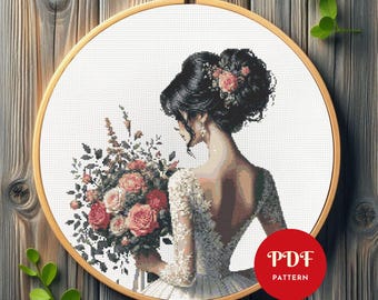 Bride Cross Stitch Pattern, Wedding Girl Embroidery Design, Female Needlepoint Chart, Easy Cross Stitch PDF Pattern, Instant Download, DIY