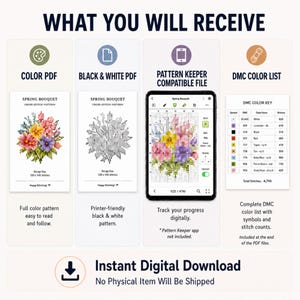 K&ouml;nnte beinhalten: Ein digitales Kreuzstichmuster-Set mit dem Titel Spring Bouquet, bestehend aus einem Farb-PDF, einem Schwarz-Wei&szlig;-PDF, einer Pattern Keeper-kompatiblen Datei und einer DMC-Farbliste. Das Bild zeigt die Musterdesigns und Textbeschriftungen.