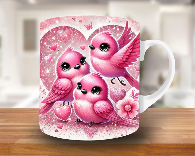 May include: A white ceramic mug with a pink, glittery design featuring three cartoon birds with hearts and sparkles. The birds are pink and have large eyes.