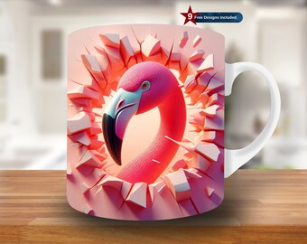3D Flamingo Mug Wrap, Sublimation Design, 11oz 15oz Mug Template (PNG Instant Download)