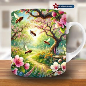 3D Spring Flowers Mug Wrap, 11oz & 15oz Mug Template, Bee Mug Sublimation Design, Coffee Mug Wrap Template,Instant Download PNG,wild flowers