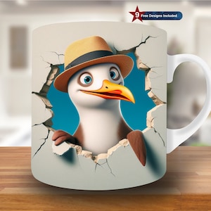 3D Seagull in Hat Hole in a Wall Mug Wrap, 11oz & 15oz Mug Template, Mug Sublimation Design, Mug Wrap Template,Instant Digital Download PNG
