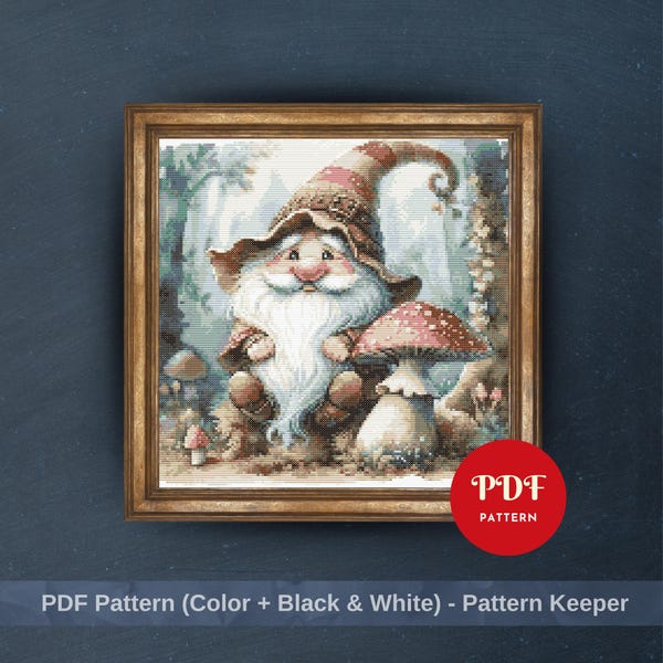 Forest Gnome Cross Stitch Pattern, Whimsical Mushroom Gnome Embroidery Design, Fantasy Needlepoint Chart, Easy Cross Stitch PDF Pattern, DIY