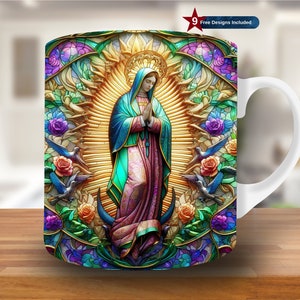 Envoltura de taza de la Virgen María 3D, plantilla de taza de 11 oz y 15 oz, diseño de sublimación de taza, plantilla de envoltura de taza, descarga digital PNG, Jesús, cristiano, maría