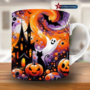 May include: White ceramic mug featuring a colorful Halloween design. The design includes a haunted house, pumpkins, a black cat, a ghost, and bats against an orange and purple background. The mug has a white handle and the text "9 Free Designs Included".