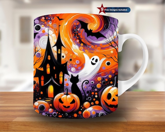 Pumpkin Halloween Mug Wrap, 11oz & 15oz Mug Template,Haunted House Mug Sublimation Design,Scary Mug Wrap Template,Instant Download PNG, Fall