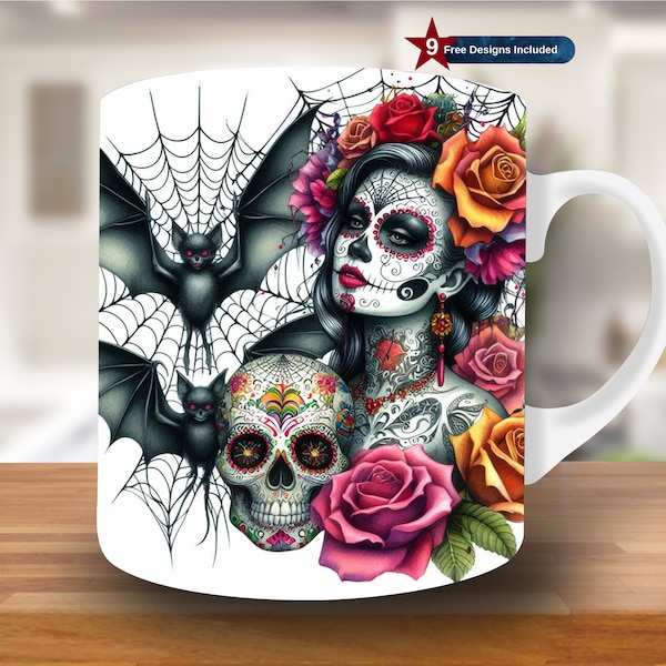 Sugar Skull and Bat Mug Wrap, 11oz & 15oz Mug Template, Mug Sublimation Design, Mug Wrap Template, Instant Digital Download PNG, roses