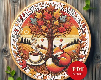 Fox Autumn Cross Stitch Pattern, Cozy Fall Embroidery Design, Tree Needlepoint Chart, Easy Cross Stitch PDF Pattern, Digital Download, DIY
