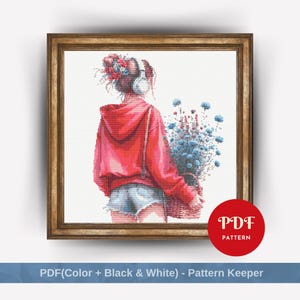 Meisje met wilde bloemen kruissteekpatroon, vrouwelijk borduurontwerp, vrouwenborduurpatroon, eenvoudig pdf-kruissteekpatroon, bloemen