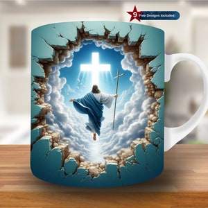 May include: White ceramic mug with a blue and white image of a man walking through a broken wall into a bright light with a cross above him. The image is surrounded by clouds.