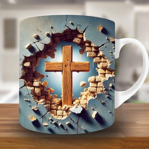 Puede incluir: Una taza de cer&aacute;mica blanca con un dise&ntilde;o de una cruz de madera rompiendo un muro de ladrillo agrietado. La cruz est&aacute; en el centro del dise&ntilde;o y est&aacute; rodeada por una luz brillante.