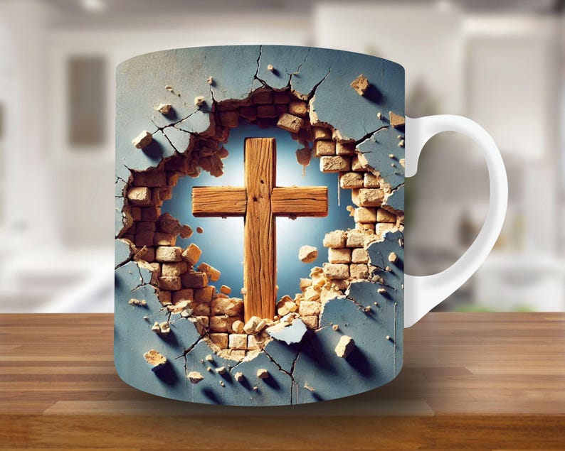 Puede incluir: Una taza de cer&aacute;mica blanca con un dise&ntilde;o de una cruz de madera rompiendo un muro de ladrillo agrietado. La cruz est&aacute; en el centro del dise&ntilde;o y est&aacute; rodeada por una luz brillante.