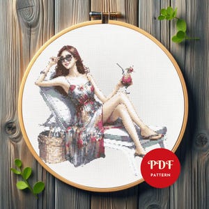 Summer Girl Cross Stitch Pattern, Vacation Embroidery Design, Woman Needlepoint Chart, Small Cross Stitch PDF Pattern, Digital Download, DIY