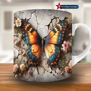 3D Butterfly Floral Mug Wrap, Cracked Wall Design (PNG Digital Download)