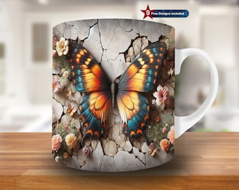 3D Butterfly Floral Mug Wrap, Cracked Wall Design (PNG Digital Download)