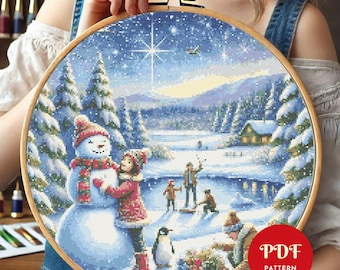 Winter Landscape Cross Stitch Pattern, Snowman Embroidery Pattern, Winter Embroidery Design, Cross Stitch PDF Pattern File, Digital download