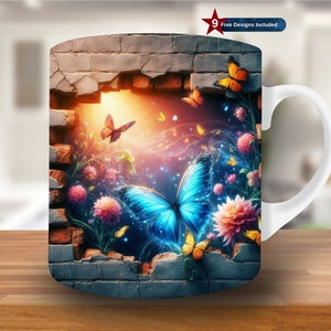 3D Blue Neon Butterfly Hole In A Wall Mug Wrap, design per tazze da 11 e 15 once, design per sublimazione di tazze a forma di fiore, modello per involucro di tazze PNG, PNG digitale
