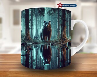 Envoltura para taza con reflejo de oso en el bosque y el lago en 3D, plantilla para taza de 11 oz y 15 oz, diseño de sublimación de taza, plantilla para envoltura de taza, descarga digital PNG