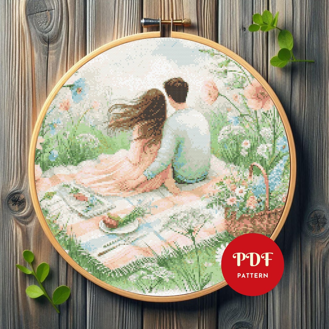 Picnic Couple Cross Stitch Pattern, Romantic Embroidery Design, Love ...
