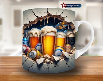 3D Beer Glass Hole In A Wall Mug Wrap, 11oz & 15oz Mug Template, Mug Sublimation Design, Mug Wrap Template PNG, Beer mug wrap png, digital