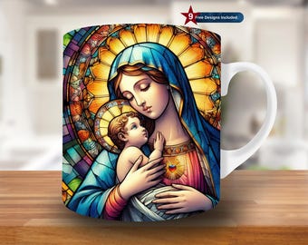 3D Virgin Mary Stained Glass Mug Wrap, 11oz & 15oz Mug Template, Christian Mug Sublimation Design, Mug Wrap Template, Instant Download PNG