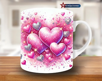 Hearts Valentine's Day Mug Wrap, 11oz & 15oz Mug Template, Valentine Mug Sublimation Design, Love day Mug Wrap Template,Instant Download PNG