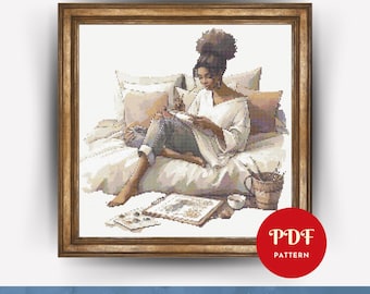 Girl Stitching Cross Stitch Pattern PDF, African American Design (Pattern Keeper Compatible, Instant Download)