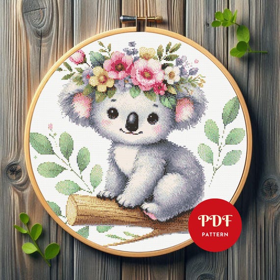 かわいいコアラのクロスステッチ図案、花と動物の刺繍デザイン