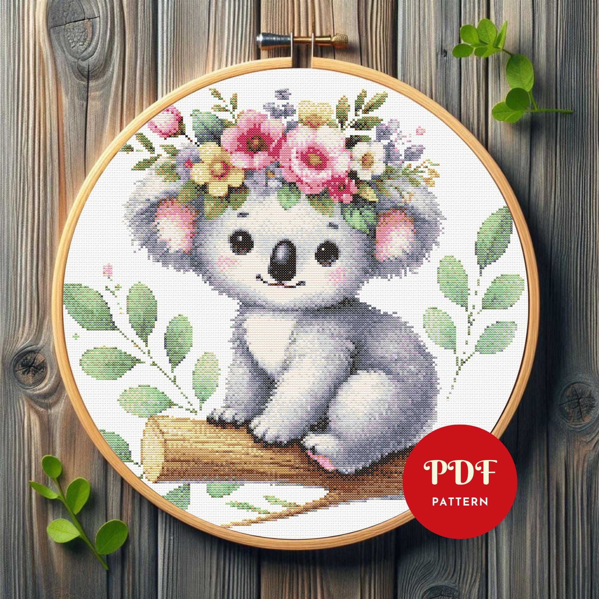 かわいいコアラのクロスステッチ図案、花と動物の刺繍デザイン