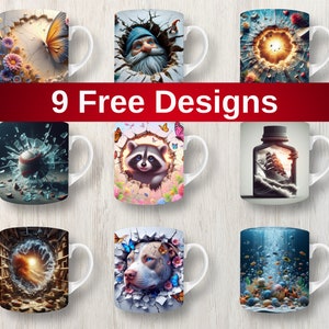 May include: Nine different designs for ceramic mugs. The designs include a butterfly, a gnome, a baseball, a raccoon, a ship in a bottle, a dog, a galaxy, and an underwater scene.