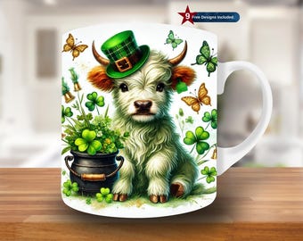 Baby Highland Cow St. Patricks Day Mug Wrap, 11oz & 15oz Mug Template, Pattys Mug Sublimation Design, Mug Wrap Template,Instant Download Png