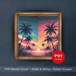 Tropical Sunset Cross Stitch Pattern, Beach Palm Tree Embroidery Design, Sunset Ocean Needlepoint Chart, Easy Cross Stitch PDF Pattern, DIY