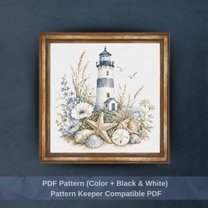 May include: A framed cross-stitch pattern featuring a lighthouse surrounded by coastal elements including a starfish, seashells, sand dollars, and blue flowers. The text at the bottom reads PDF Pattern (Color + Black & White) Pattern Keeper Compatible PDF.