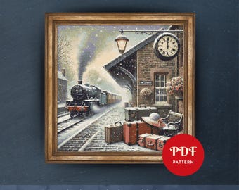 May include: Cross-stitch pattern of a snowy train station scene. A steam train is arriving at the station, with luggage and a hat on the platform. The framed artwork includes a clock and a lamp. The text on the image says "PDF Pattern".