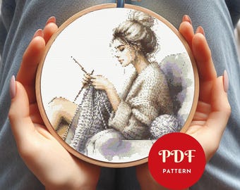 Blonde Girl Knitting Cross Stitch Pattern, Cozy Home Embroidery Design,Needlepoint Chart,Easy Cross Stitch PDF Pattern,Instant Download,DIY