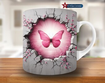 3D Różowy Motyl Otwór w Ścianie Kubek Wrap, 11oz i 15oz Szablon Kubka, Motyl Kubek Sublimacja Projekt, Różowy Kubek Wrap Szablon, Motyl PNG