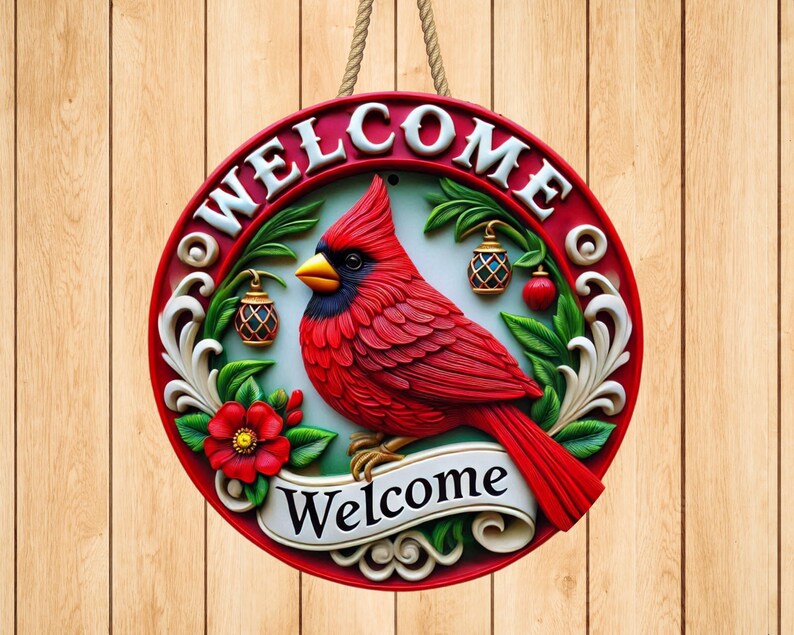 Cardinal Note Welcom 3D Cardinal Bird Welcome Sign Round Door Hanger Design, Bird Round ...