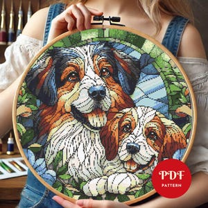 Patrón de punto de cruz de perro con vitrales, patrón de bordado de animales, diseño de bordado de mascotas, archivo de patrón de punto de cruz en PDF, descarga digital
