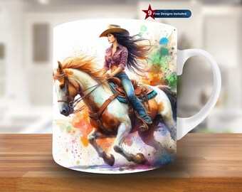 Mujer acuarela montando una envoltura de taza de caballo, plantilla de taza de 11 oz y 15 oz, diseño de sublimación de taza, plantilla de envoltura de taza, descarga digital instantánea PNG