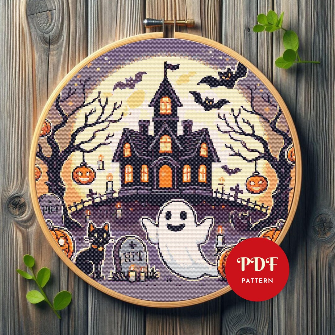Halloween Haunted House Cross Stitch Pattern, Ghost Embroidery Design ...