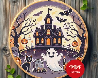 Halloween Haunted House Cross Stitch Pattern, Ghost Embroidery Design, Needlepoint Chart, Easy Cross Stitch PDF Pattern,Instant Download,DIY