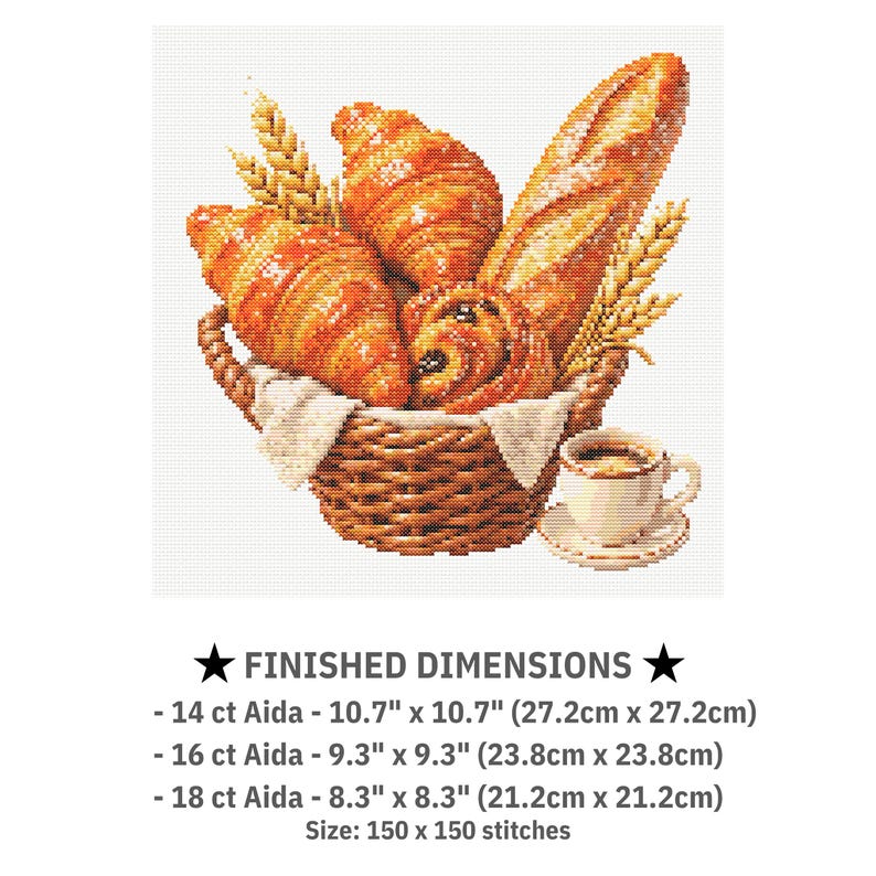 K&ouml;nnte beinhalten: Ein Kreuzstichmuster mit einem geflochtenen Korb voller goldbrauner Croissants, einem Baguette und Weizen&auml;hren, begleitet von einer Tasse Kaffee. Fertige Ma&szlig;e: 27,2 x 27,2 cm auf 14 ct Aida, 23,8 x 23,8 cm auf 16 ct oder 21,2 x 21,2 cm auf 18 ct.