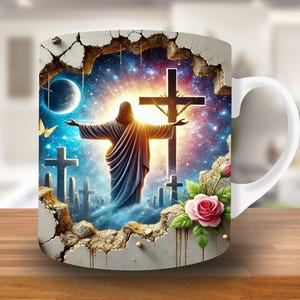 Puede incluir: Taza de cer&aacute;mica blanca con una imagen colorida de una persona de pie sobre una cruz con un fondo estrellado. La imagen est&aacute; rodeada por una pared agrietada con un agujero en el centro. La taza tiene un asa en el lado derecho.