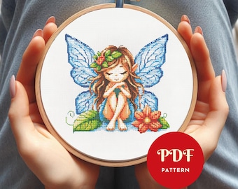 妖精と月の刺繍　額入り　Moon Fairy Spirit クロスステッチ かわいい妖精のクロスステッチパターン、神秘的な刺繍デザイン、花の